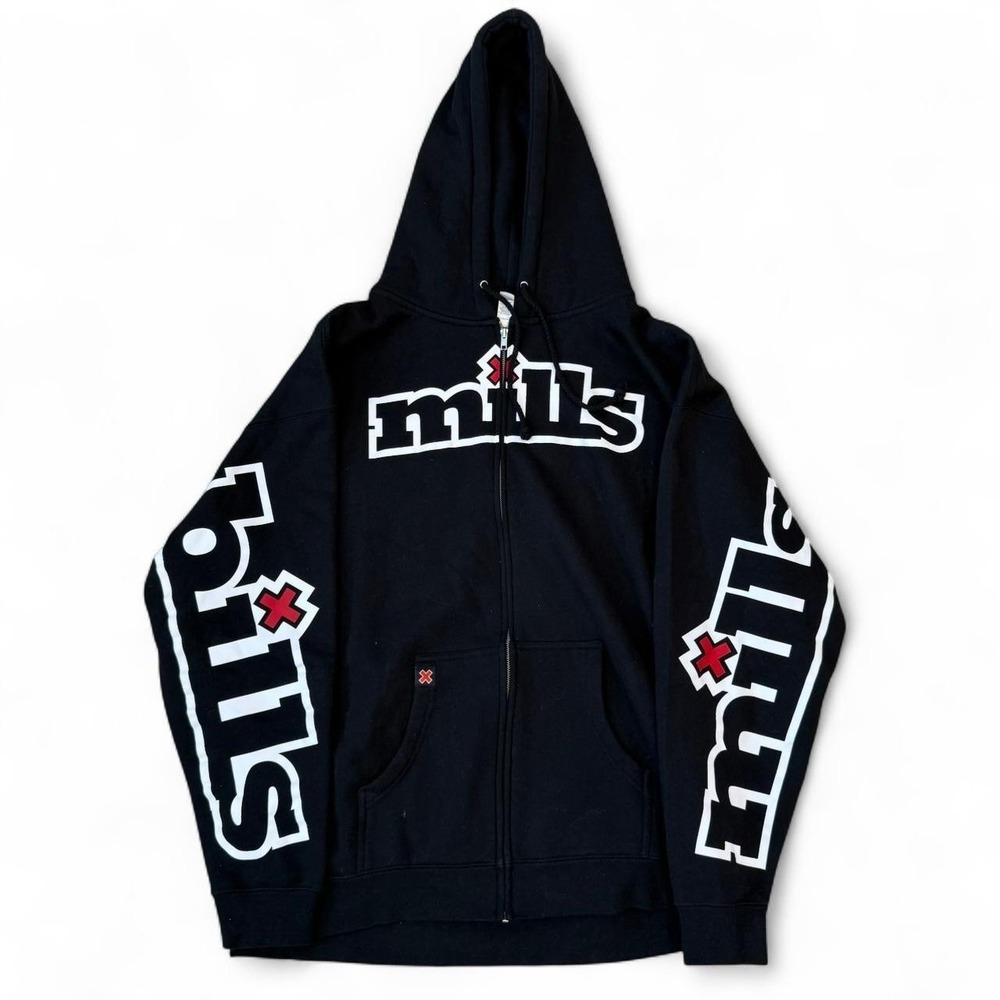 Mills Pay The Bills Full Zip Black Hoodie Mens Size 2XL Skater Streetwear Grunge